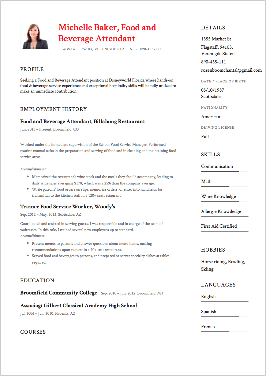 example of resume objective for food service
